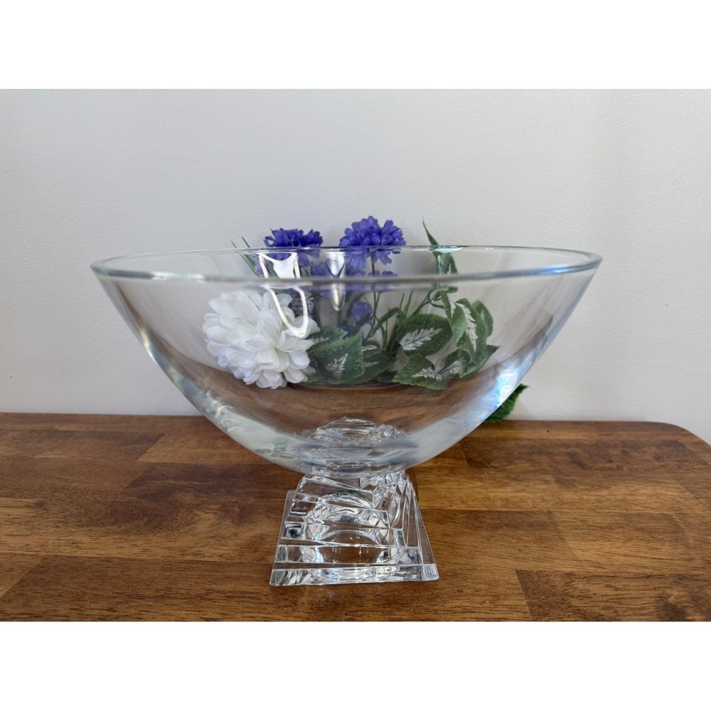 Modern Clear Crystal Centerpiece Bowl – Stepped‎ Pedestal Base Luxury Decor